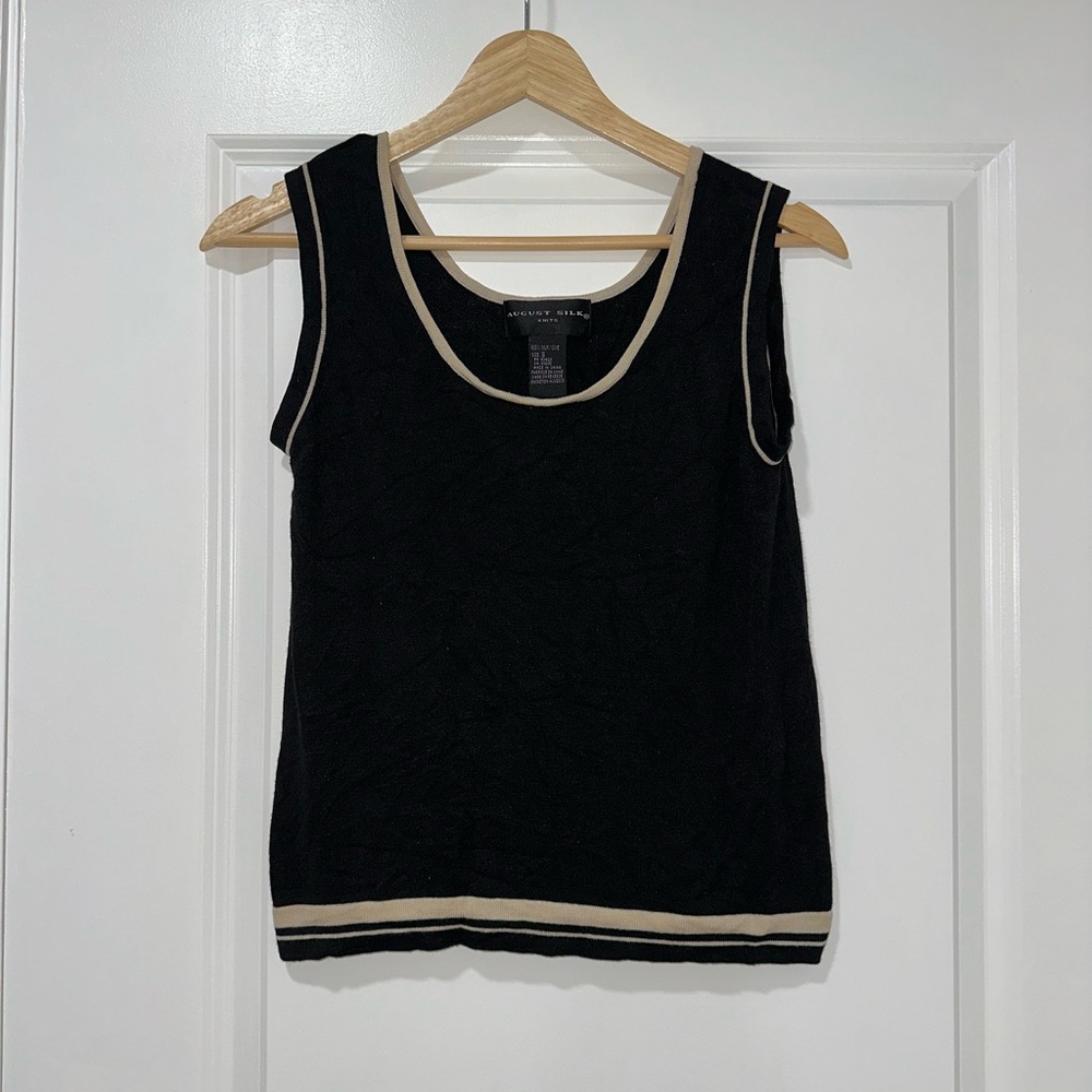 August Silk Basic Black Tank Top with Cream Trim Small 100% silk